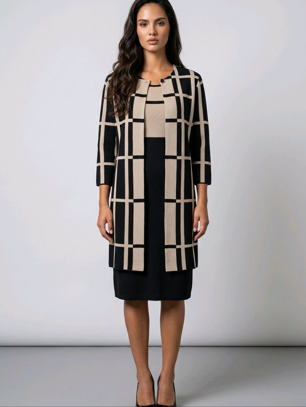 Danny & Nicole Black & Tan Grid Coordinating Dress and Jacket Set